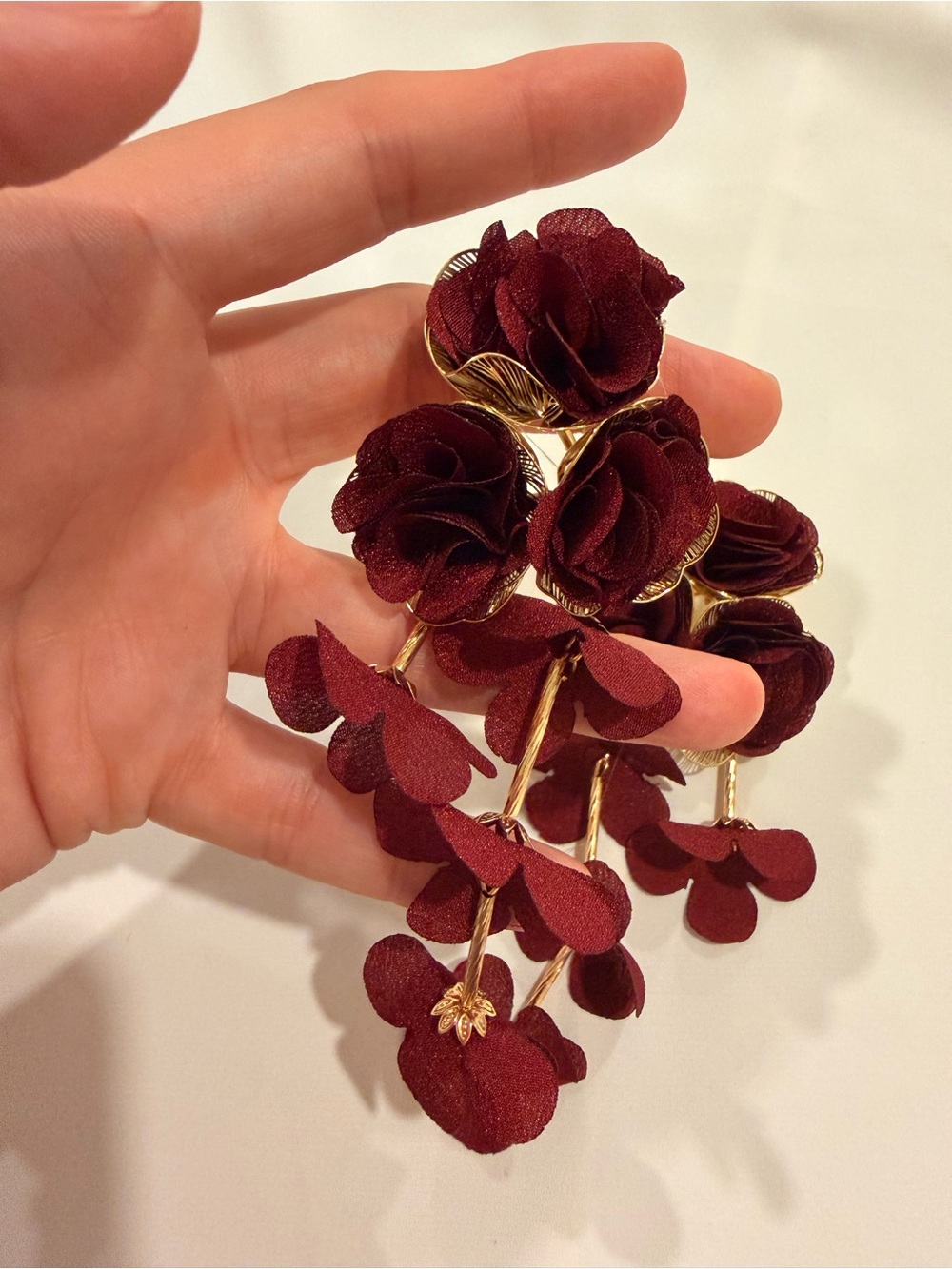 Burgundy Floral Drop Earrings with Gold Accents - Picture 4 of 5